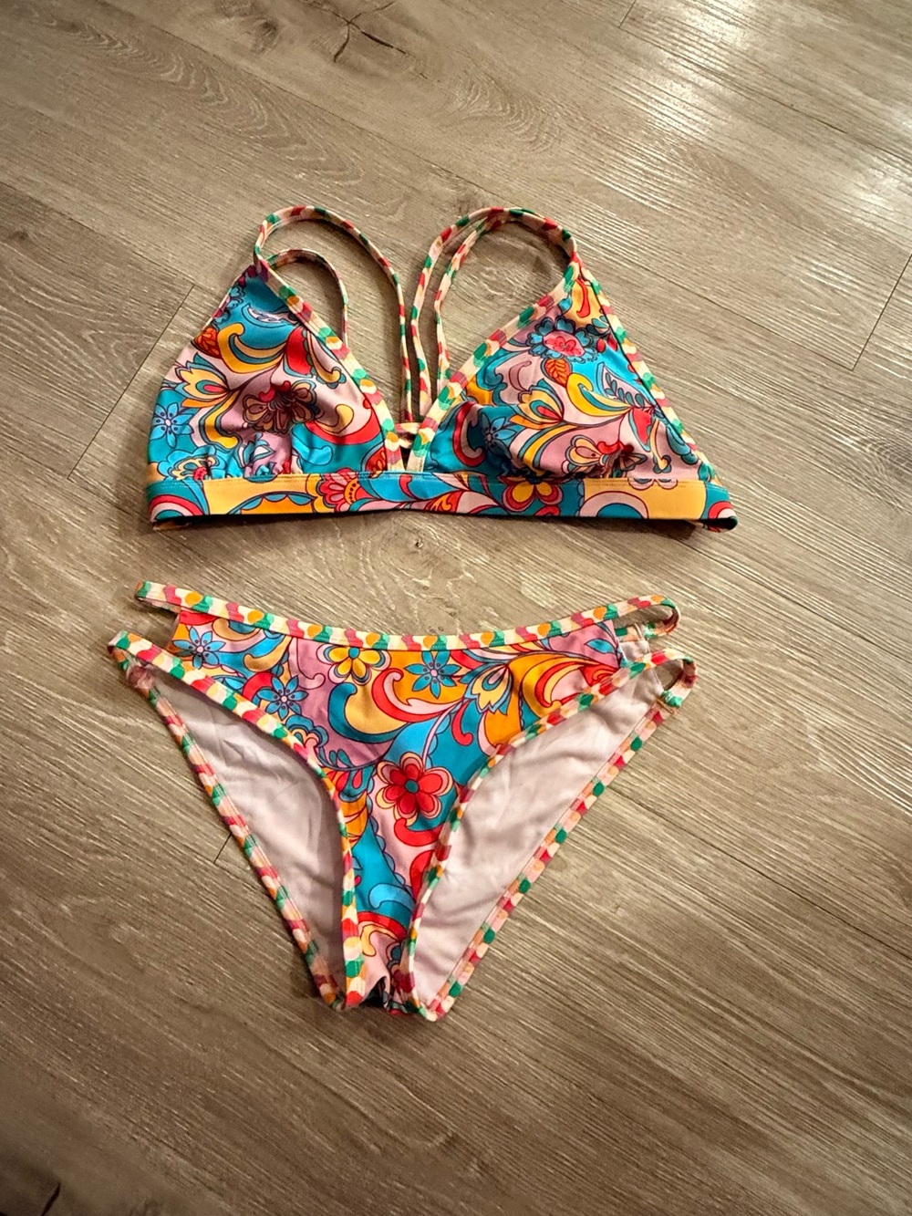 Pastel Multicolor Bikini Set with Floral Accent